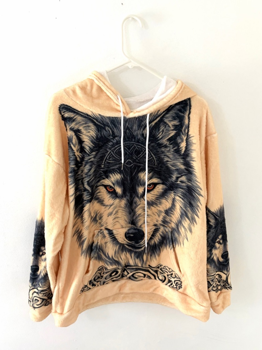 Unknown Brand Soft Wolf Print Pullover Hoodie, Size: Large